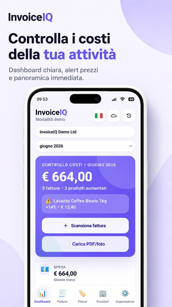 Dashboard di InvoiceIQ con il controllo costi del mese