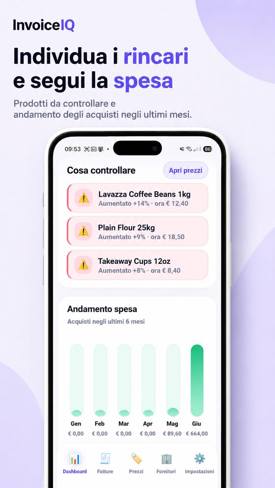 Schermata rincari e andamento spesa di InvoiceIQ